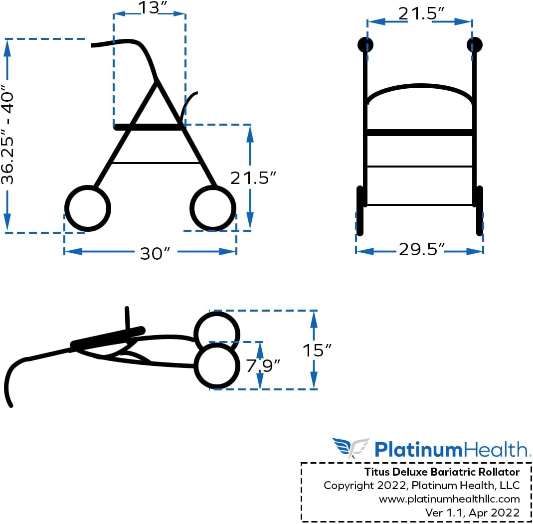 Titus Deluxe Wide Bariatric Walker Rollator. 600lb Wt Capacity Heavy-Duty Oval Tubing. High-Capacity Padded Seat/Backrest. Height Adjustable Angled Hand Grips. Foldable. Indoor/Outdoor Use