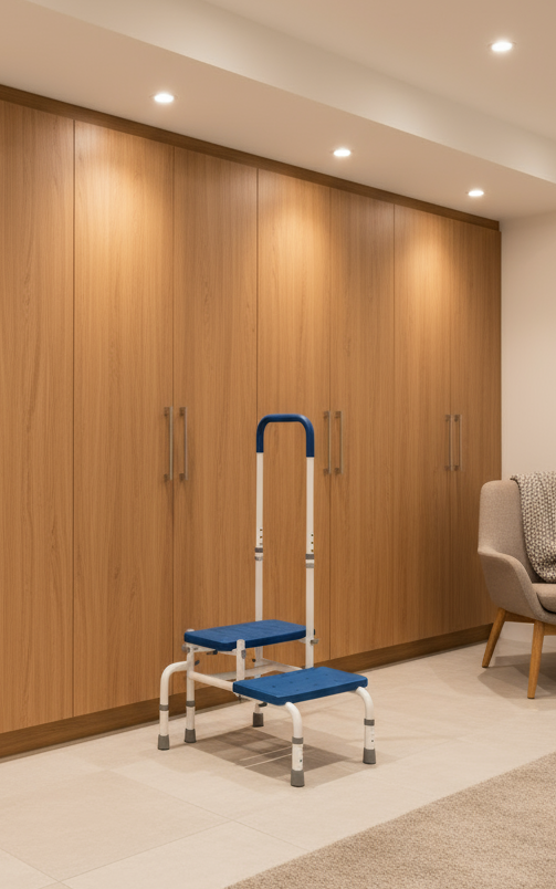 Platinum Health Double Step Stool with Adjustable Handle & Legs – High-View Blue Non-Slip Steps for Safe, Stable Reach – Height Adjustable Support Rail – Heavy-Duty Lightweight Frame