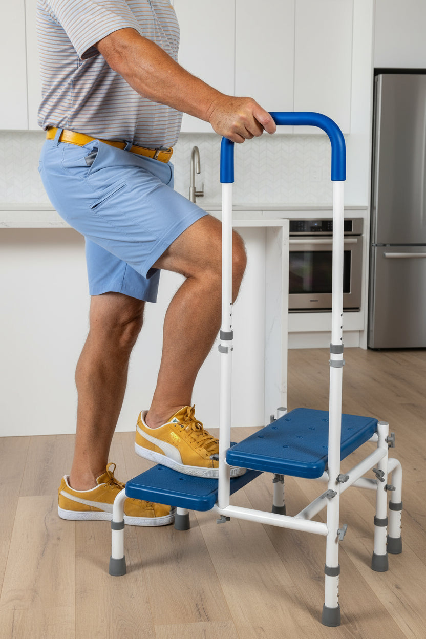 Platinum Health Double Step Stool with Adjustable Handle & Legs – High-View Blue Non-Slip Steps for Safe, Stable Reach – Height Adjustable Support Rail – Heavy-Duty Lightweight Frame