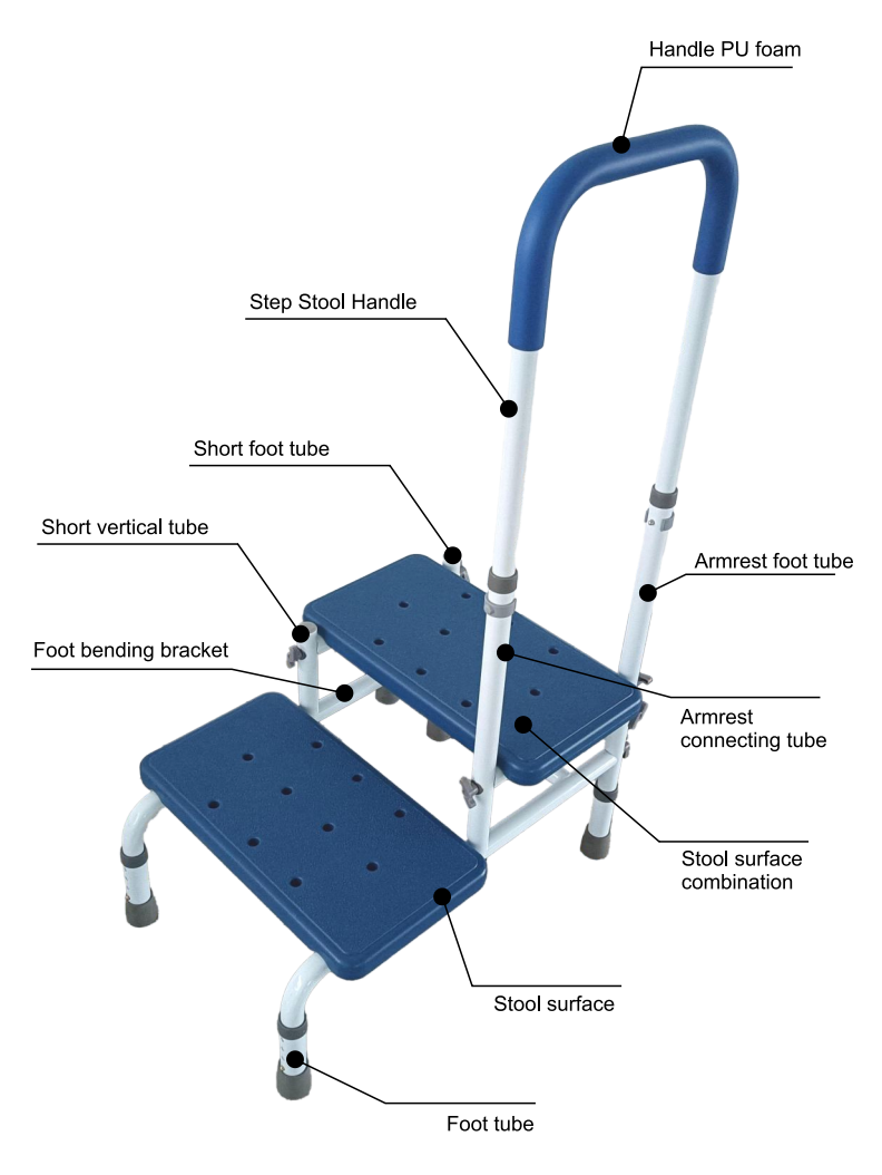 Platinum Health Double Step Stool with Adjustable Handle & Legs – High-View Blue Non-Slip Steps for Safe, Stable Reach – Height Adjustable Support Rail – Heavy-Duty Lightweight Frame