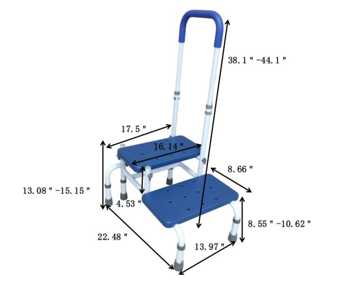 Platinum Health Double Step Stool with Adjustable Handle & Legs – High-View Blue Non-Slip Steps for Safe, Stable Reach – Height Adjustable Support Rail – Heavy-Duty Lightweight Frame