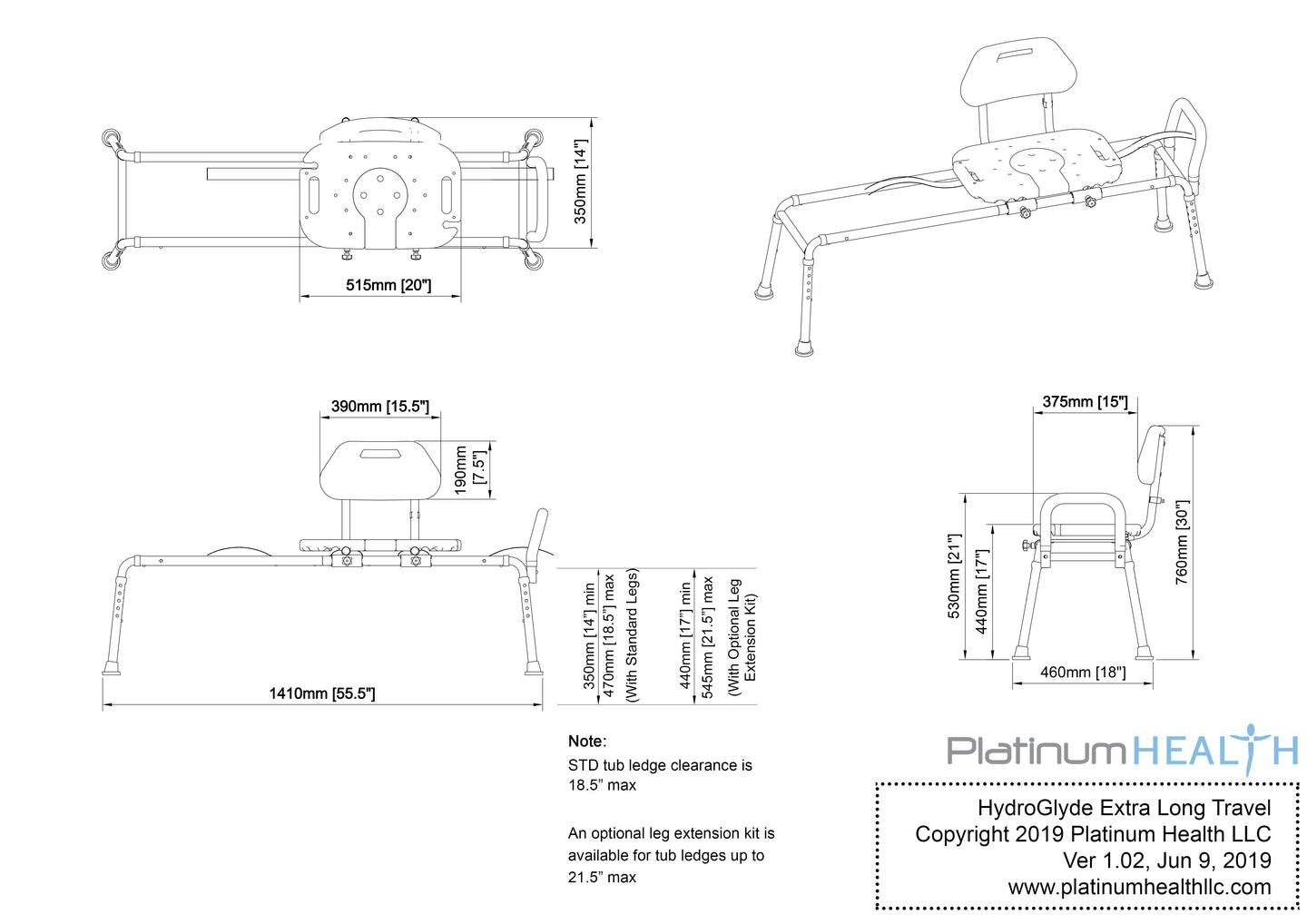 HydroGlyde - Toilet to Tub Sliding Bench - Extra Long