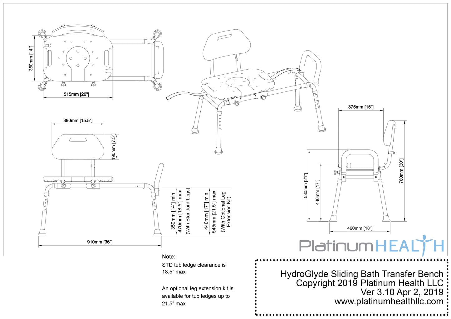 HydroGlyde Premium Sliding Bath Transfer Bench with Cutout