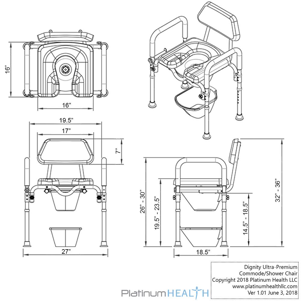 Dignity Commode, MEDICAL-GRADE Aluminum, COMMERCIAL-GRADE Construction, UNIVERSAL Height Adjustability, AMBIDEXTROUS Toilet Paper Holder, DOUBLES AS SHOWER CHAIR