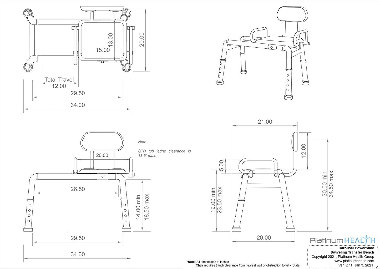 Carousel Sliding Transfer Bench with Swivel Seat- Powerslide Edition with Push-Button Electric Travel