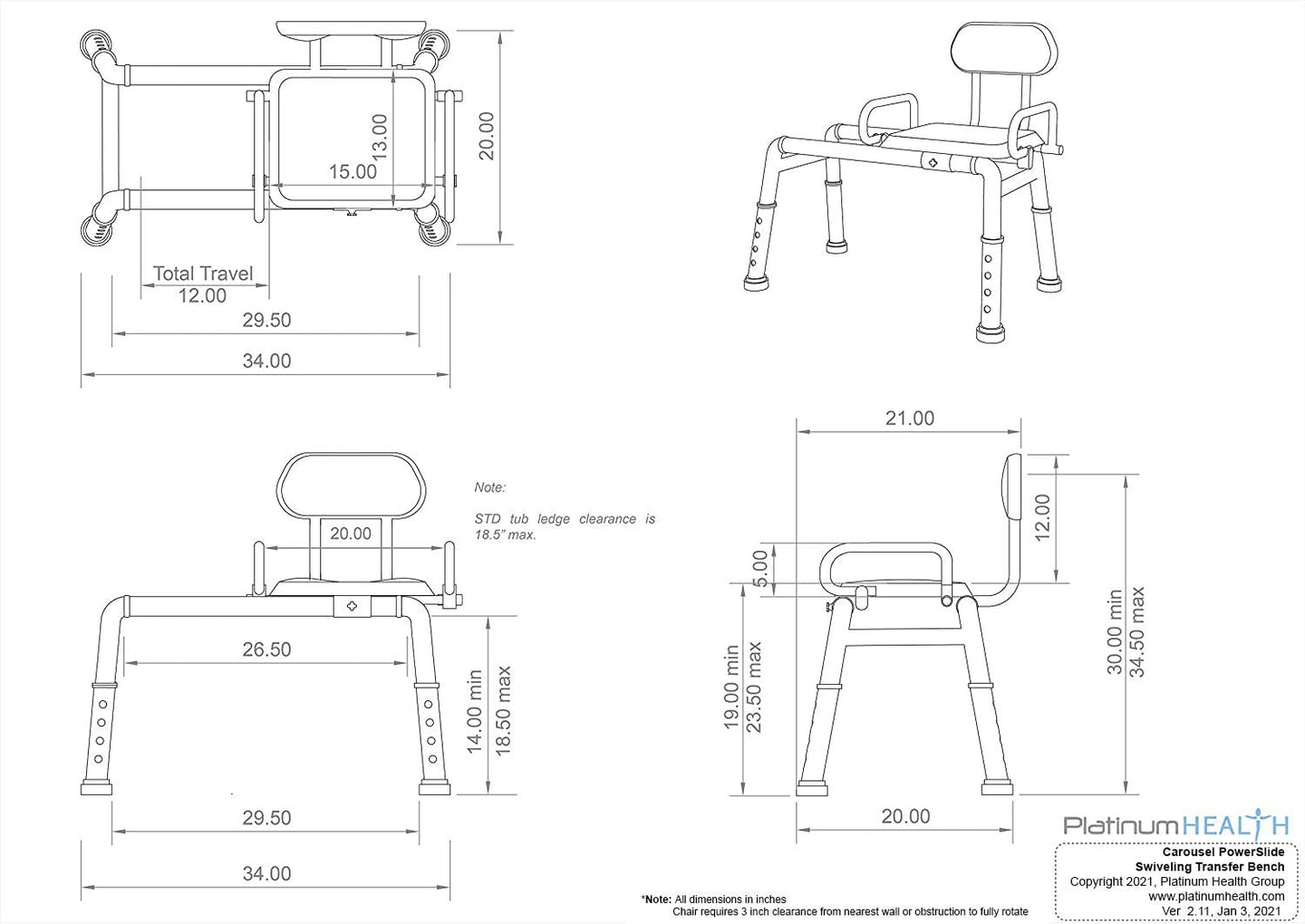 Carousel Sliding Transfer Bench with Swivel Seat- Powerslide Edition with Push-Button Electric Travel